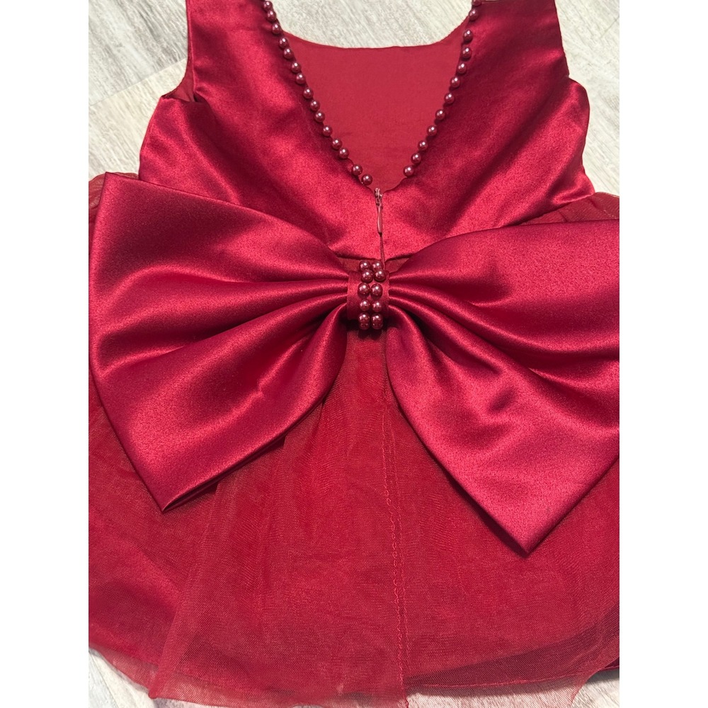 Girls Burgundy Satin Tulle Dress Big Bow Pearls Special Occasion 6 9 Months - Picture 2 of 4